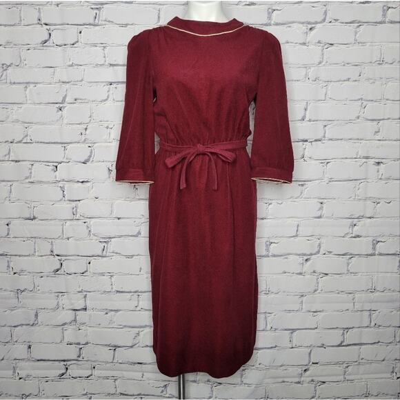 VTG Maroon Terry Cloth Long Sleeve Midi Dress vintage size 13-14, (modern Small) - Picture 1 of 8
